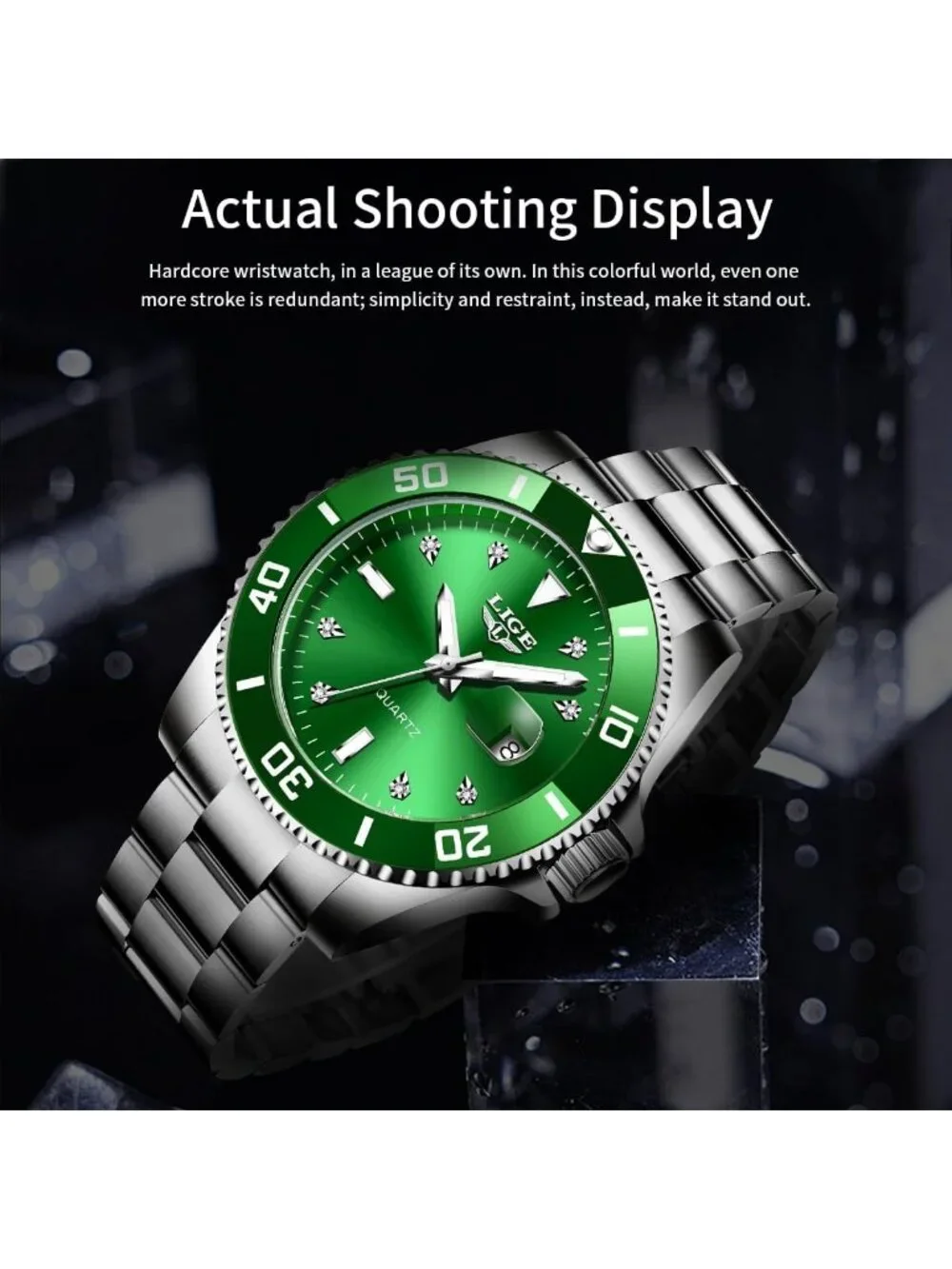 Men's Silver Green Quartz Analog Stainless Steel Waterproof Date Wrist Watch